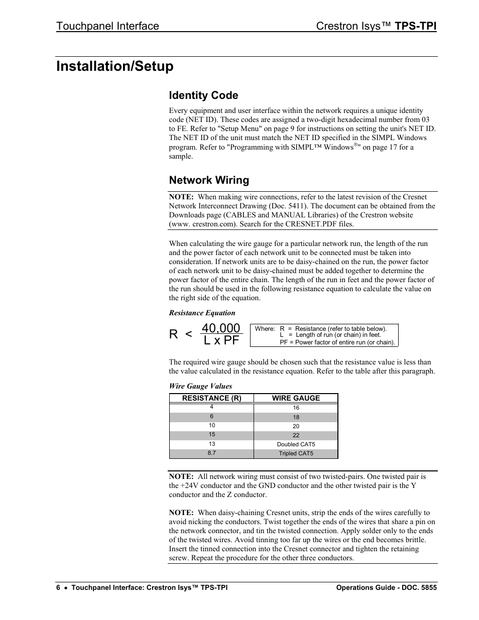 Installation/setup, Identity code, Network wiring | Touchpanel interface crestron isys™ tps-tpi | Crestron electronic TPS-TPI User Manual | Page 10 / 48
