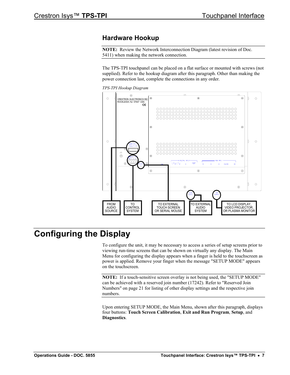 Hardware hookup, Configuring the display, Crestron isys™ tps-tpi touchpanel interface | Crestron electronic TPS-TPI User Manual | Page 11 / 48