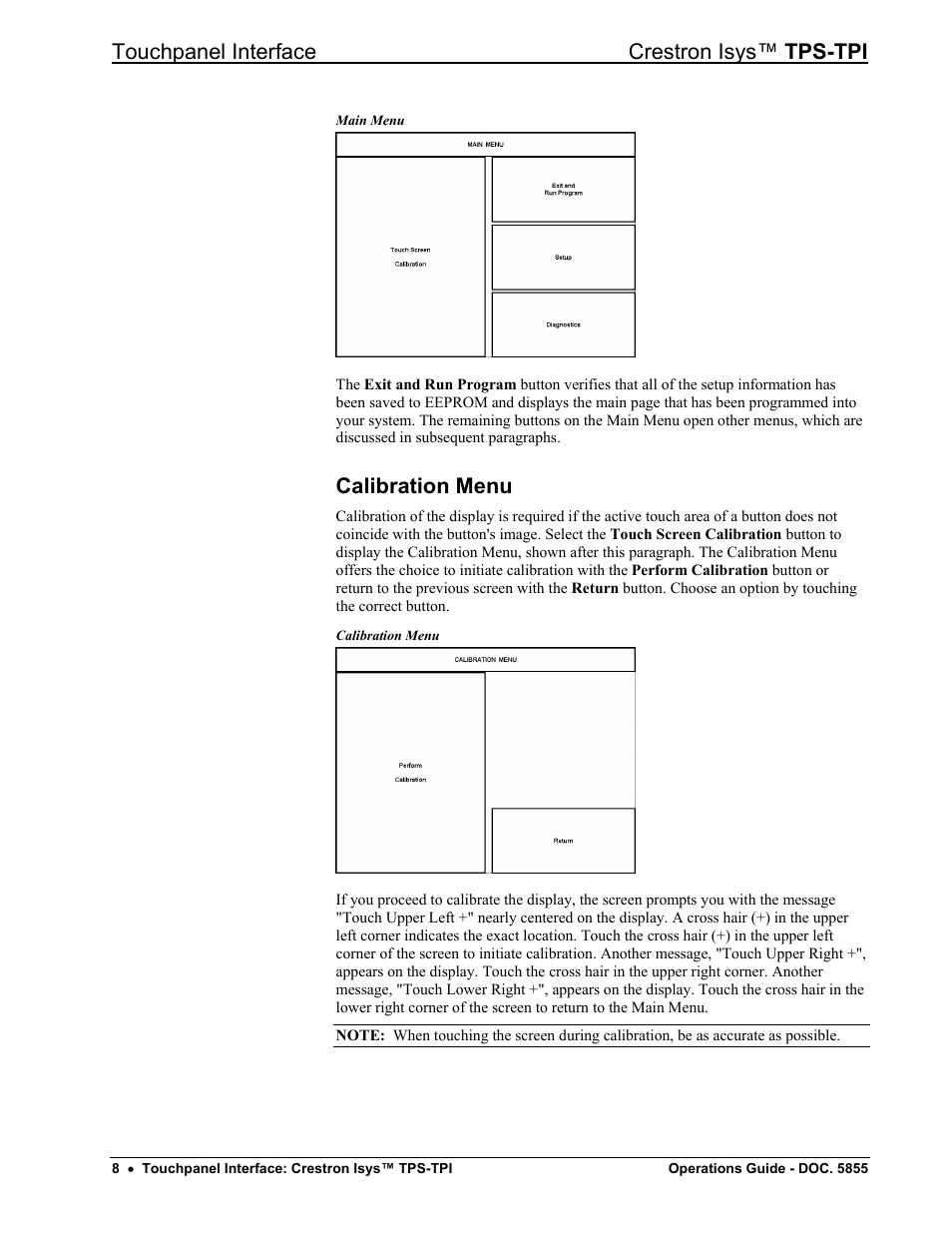 Calibration menu, Touchpanel interface crestron isys™ tps-tpi | Crestron electronic TPS-TPI User Manual | Page 12 / 48