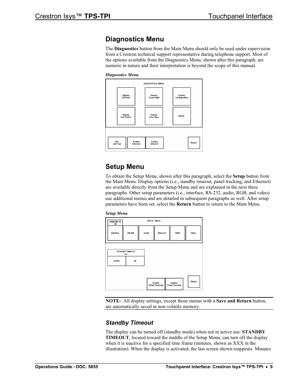 Diagnostics menu, Setup menu, Standby timeout | Crestron isys™ tps-tpi touchpanel interface | Crestron electronic TPS-TPI User Manual | Page 13 / 48