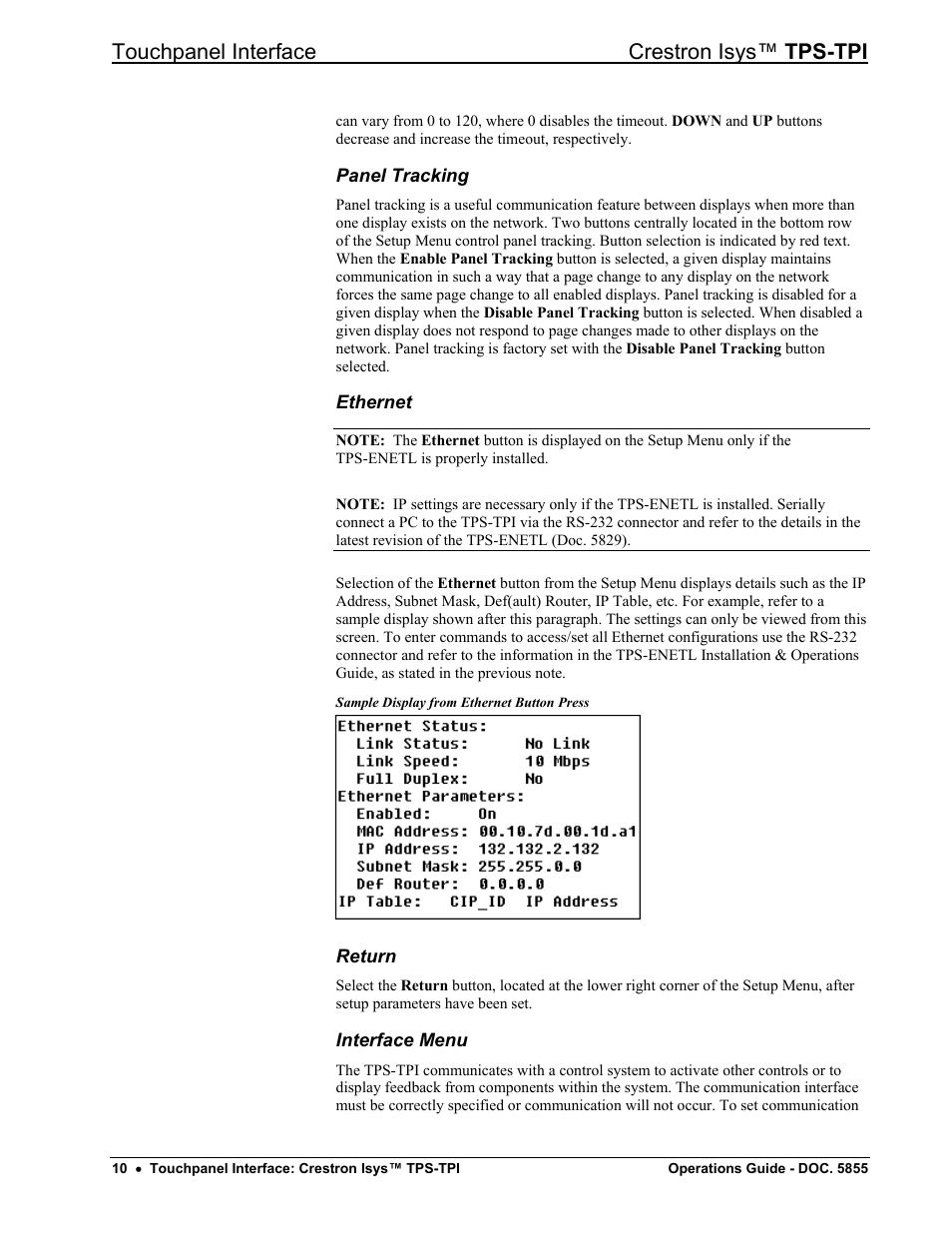 Panel tracking, Ethernet, Return | Interface menu, Touchpanel interface crestron isys™ tps-tpi | Crestron electronic TPS-TPI User Manual | Page 14 / 48