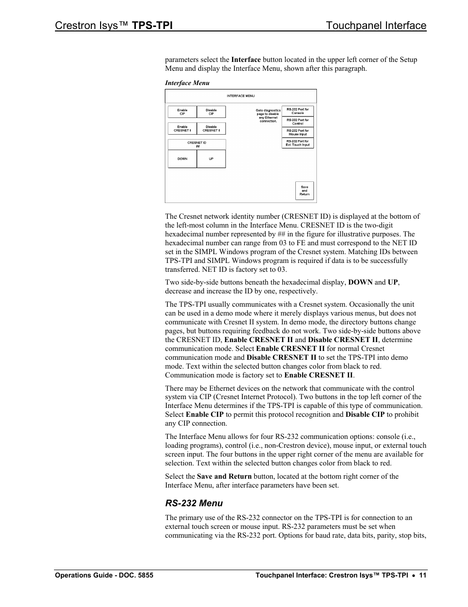 Rs-232 menu, Unication param, D th | Crestron isys™ tps-tpi touchpanel interface | Crestron electronic TPS-TPI User Manual | Page 15 / 48