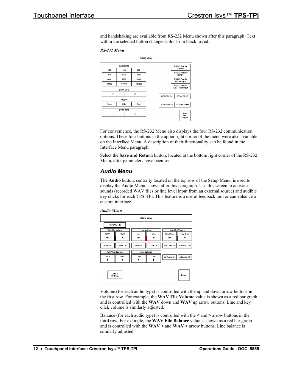 Audio menu, Touchpanel interface crestron isys™ tps-tpi | Crestron electronic TPS-TPI User Manual | Page 16 / 48