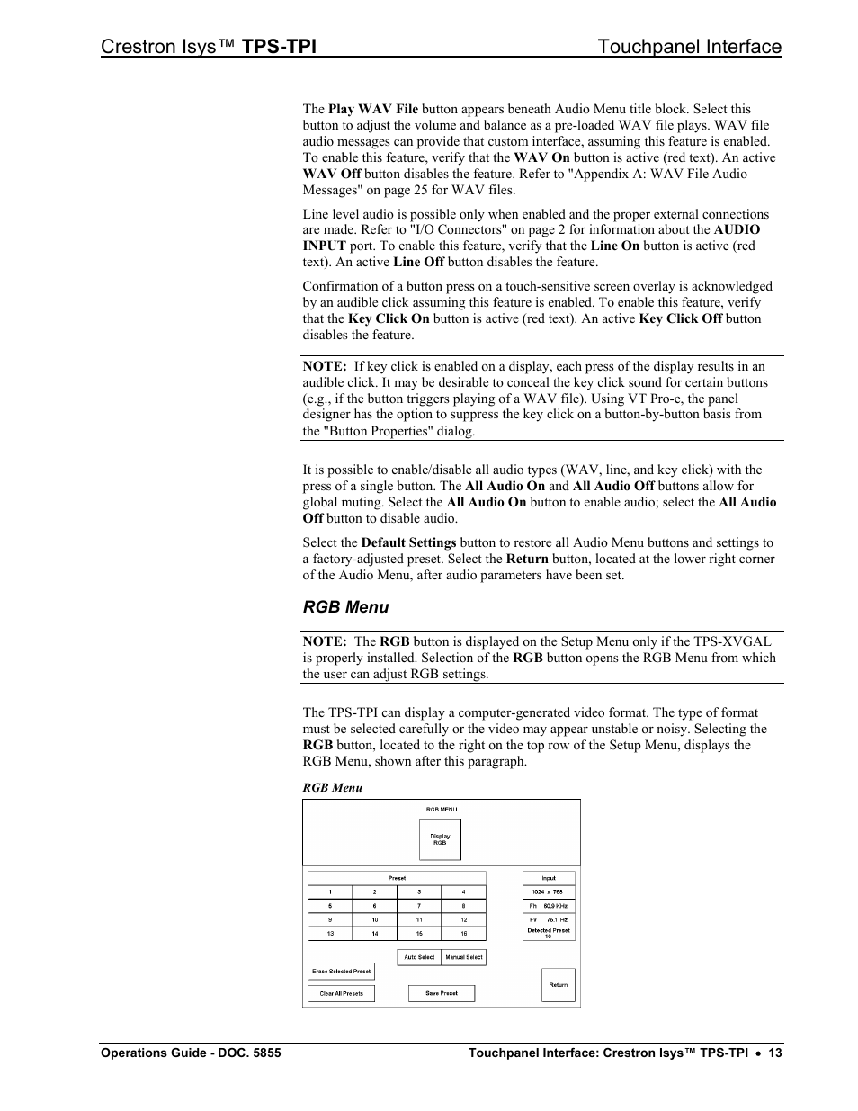 Rgb menu, Crestron isys™ tps-tpi touchpanel interface | Crestron electronic TPS-TPI User Manual | Page 17 / 48