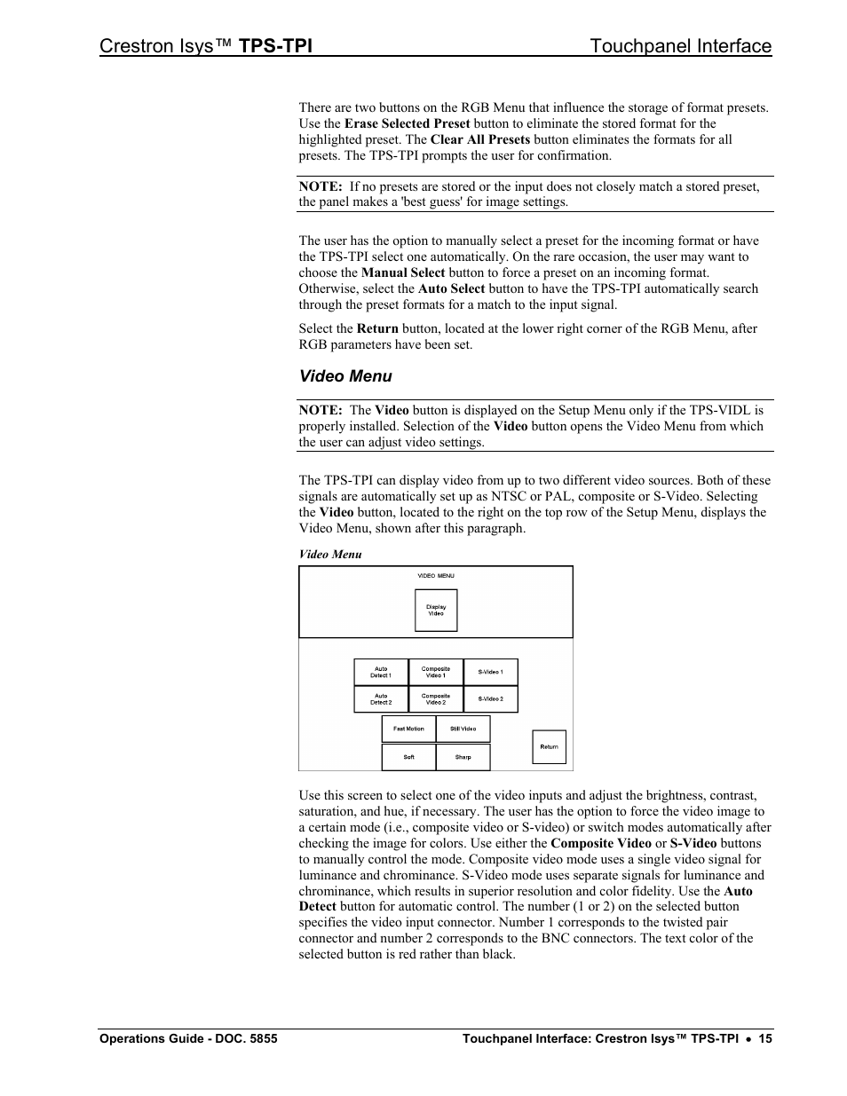 Video menu, Crestron isys™ tps-tpi touchpanel interface | Crestron electronic TPS-TPI User Manual | Page 19 / 48
