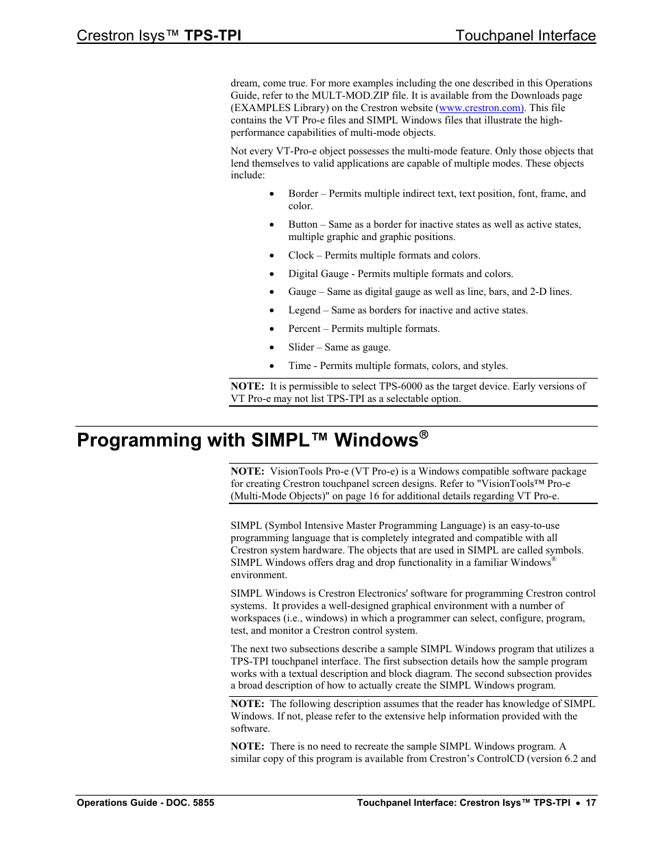 Programming with simpl™ windows, Ge 17, Crestron isys™ tps-tpi touchpanel interface | Crestron electronic TPS-TPI User Manual | Page 21 / 48