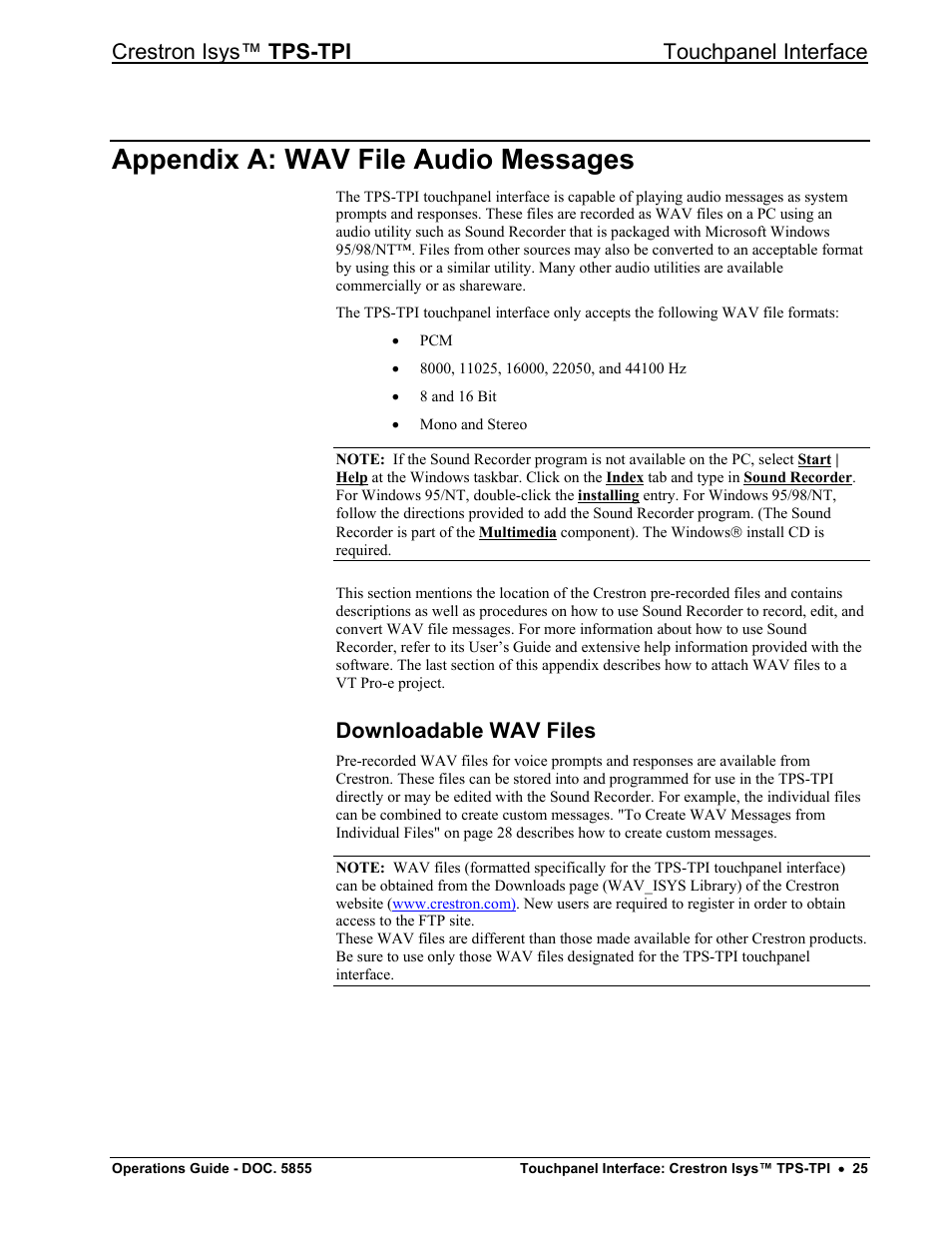 Appendix a: wav file audio messages, Downloadable wav files, Appendix a: wav file audio messages" o | 25 for wav, Crestron isys™ tps-tpi touchpanel interface | Crestron electronic TPS-TPI User Manual | Page 29 / 48