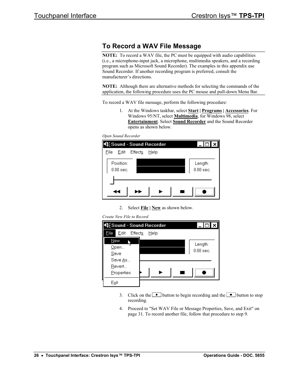 To record a wav file message, Touchpanel interface crestron isys™ tps-tpi | Crestron electronic TPS-TPI User Manual | Page 30 / 48