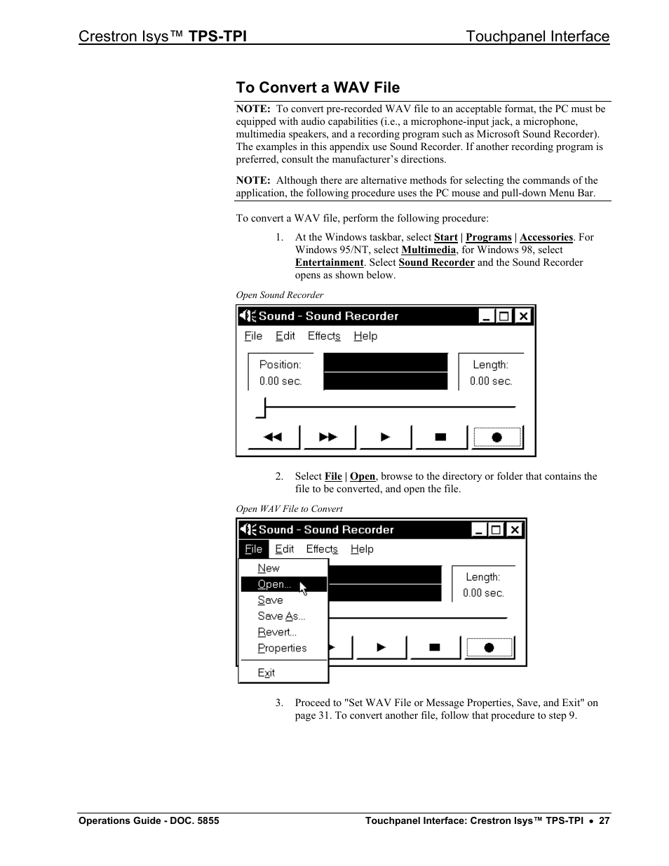 To convert a wav file, Crestron isys™ tps-tpi touchpanel interface | Crestron electronic TPS-TPI User Manual | Page 31 / 48