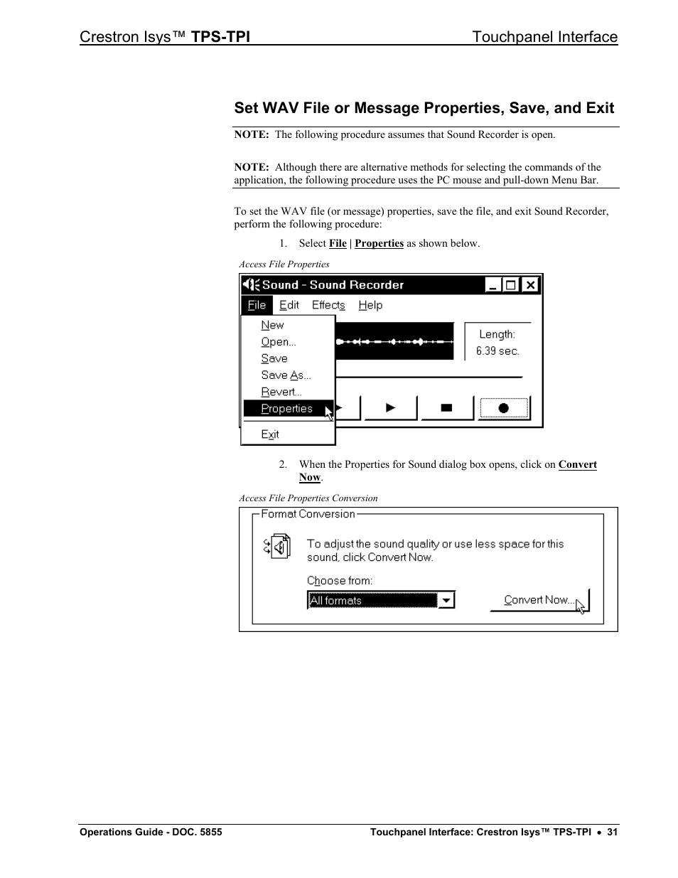 Set wav file or message properties, save, and exit, Crestron isys™ tps-tpi touchpanel interface | Crestron electronic TPS-TPI User Manual | Page 35 / 48