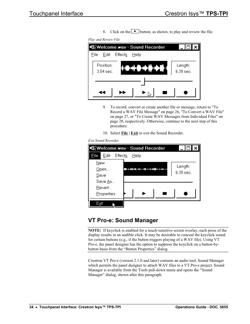 Vt pro-e: sound manager, Touchpanel interface crestron isys™ tps-tpi | Crestron electronic TPS-TPI User Manual | Page 38 / 48
