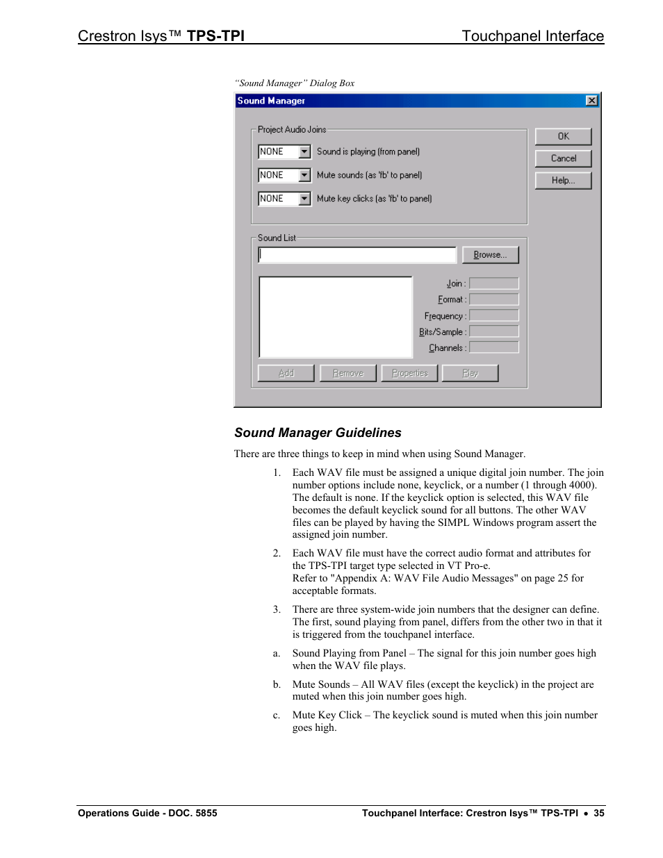 Sound manager guidelines, Crestron isys™ tps-tpi touchpanel interface | Crestron electronic TPS-TPI User Manual | Page 39 / 48