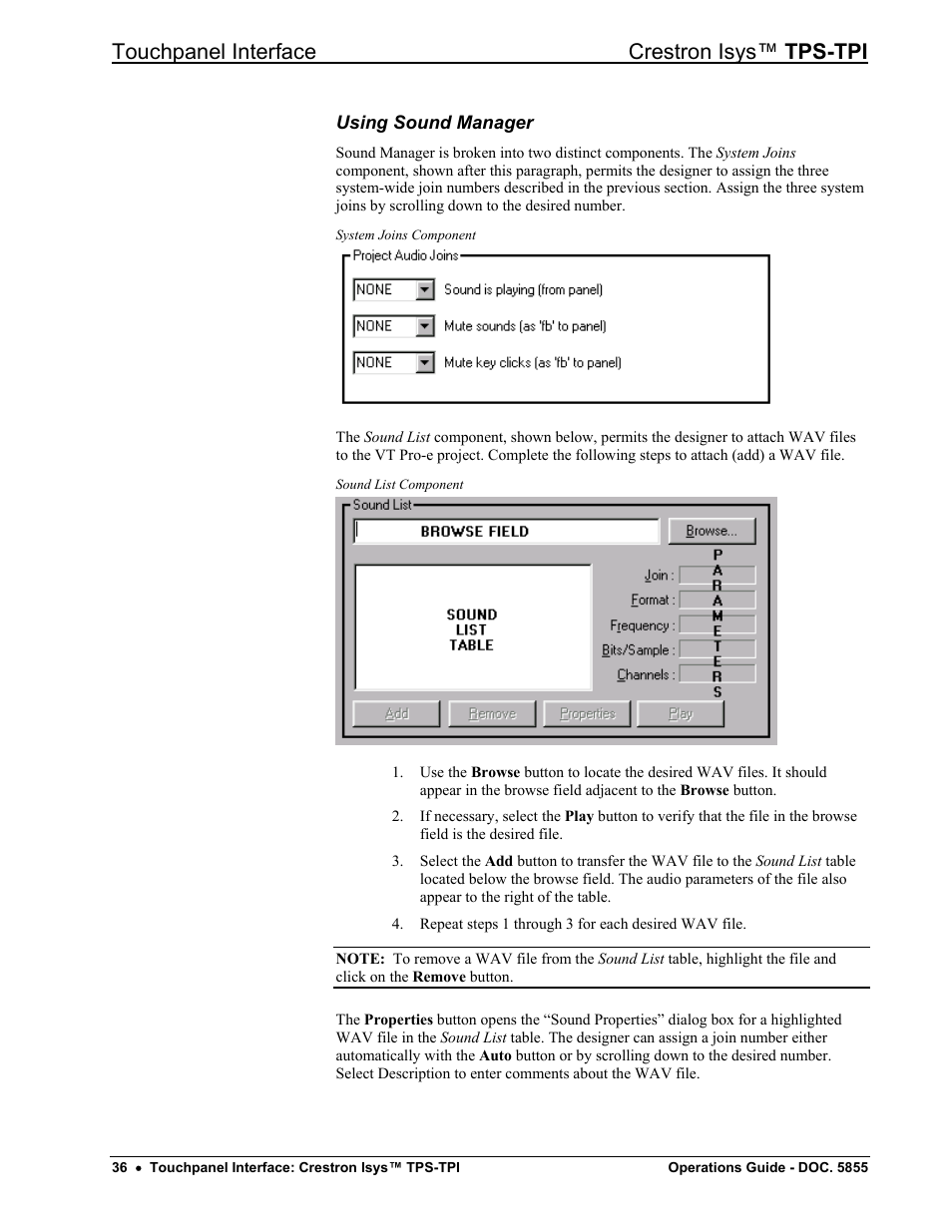 Using sound manager, Touchpanel interface crestron isys™ tps-tpi | Crestron electronic TPS-TPI User Manual | Page 40 / 48
