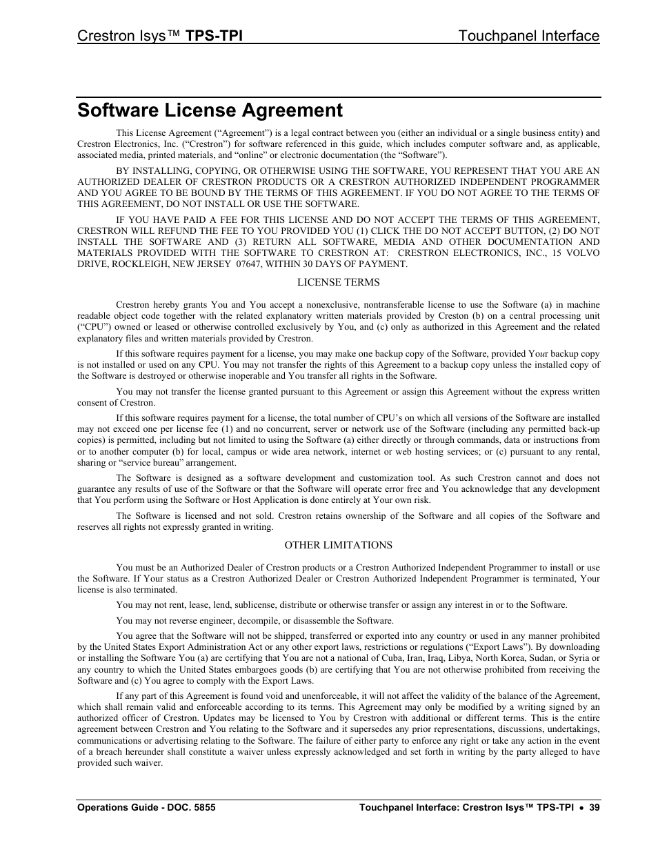 Software license agreement, Crestron isys™ tps-tpi touchpanel interface | Crestron electronic TPS-TPI User Manual | Page 43 / 48