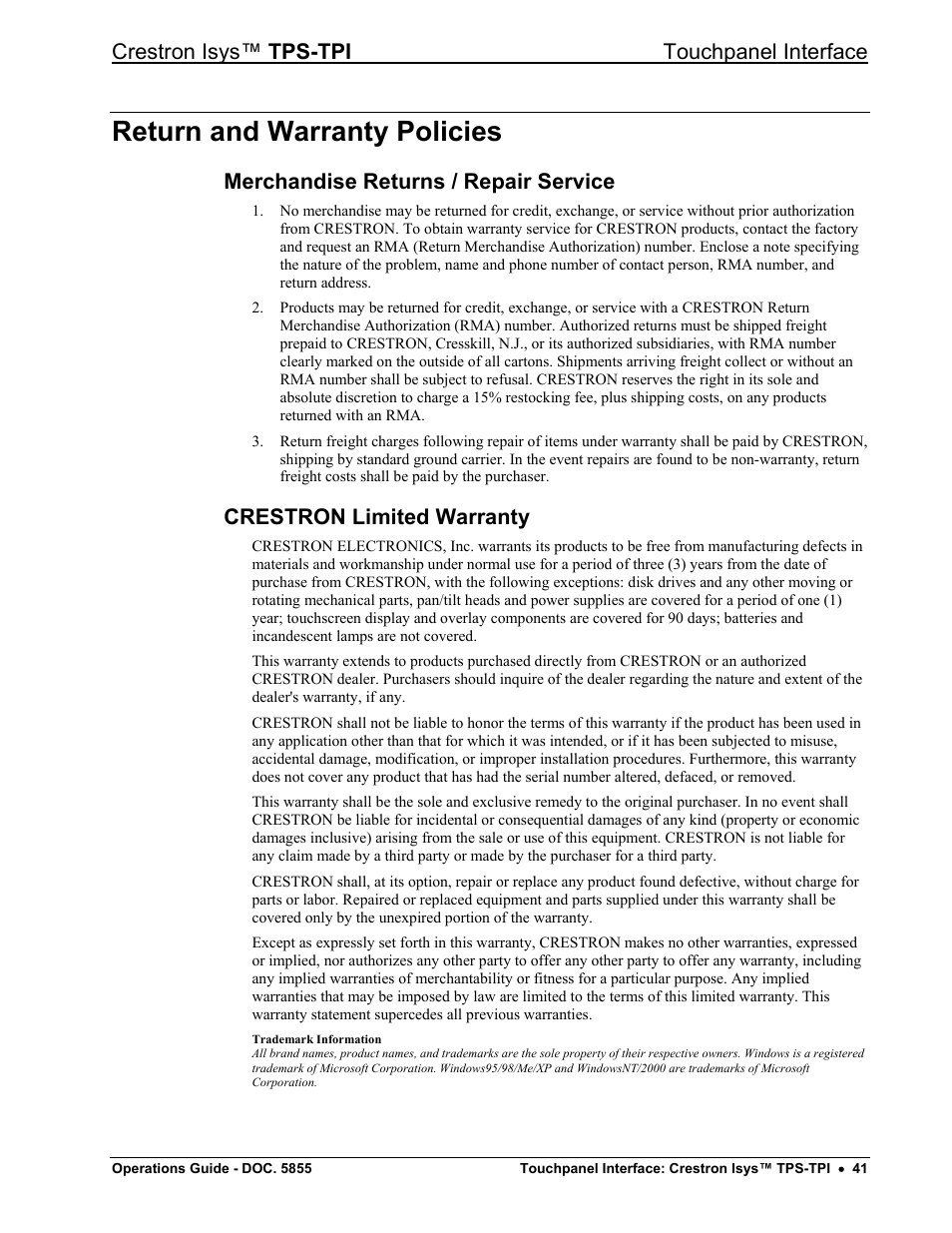 Return and warranty policies, Merchandise returns / repair service, Crestron limited warranty | Crestron isys™ tps-tpi touchpanel interface | Crestron electronic TPS-TPI User Manual | Page 45 / 48