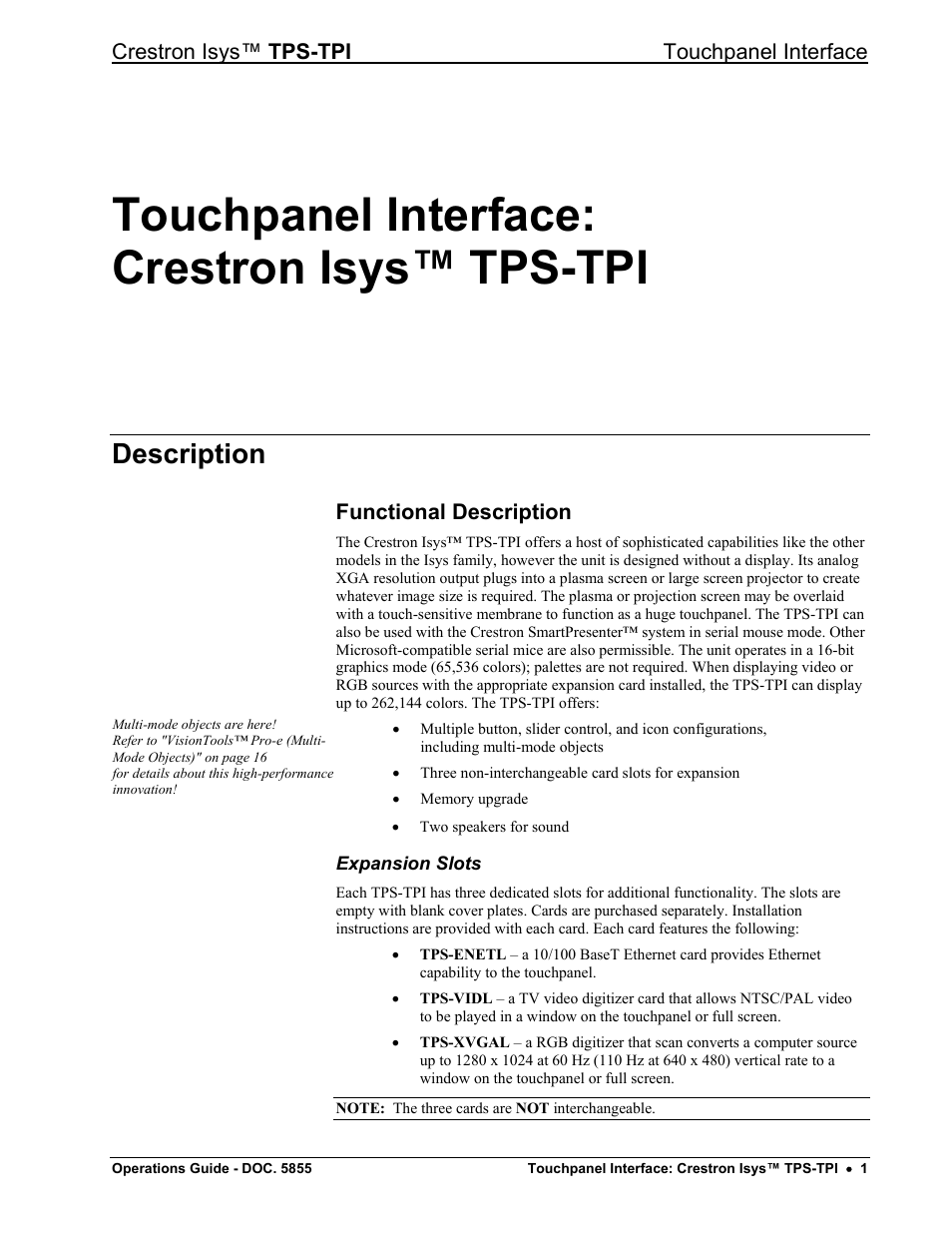 Touchpanel interface: crestron isys™ tps-tpi, Description, Functional description | Expansion slots | Crestron electronic TPS-TPI User Manual | Page 5 / 48