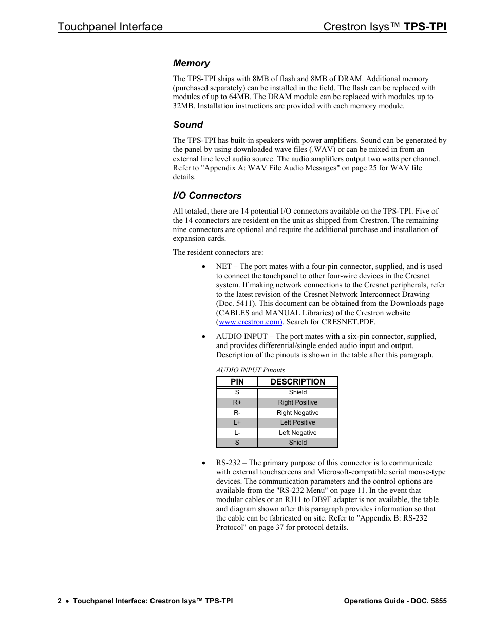 Memory, Sound, I/o connectors | Touchpanel interface crestron isys™ tps-tpi | Crestron electronic TPS-TPI User Manual | Page 6 / 48