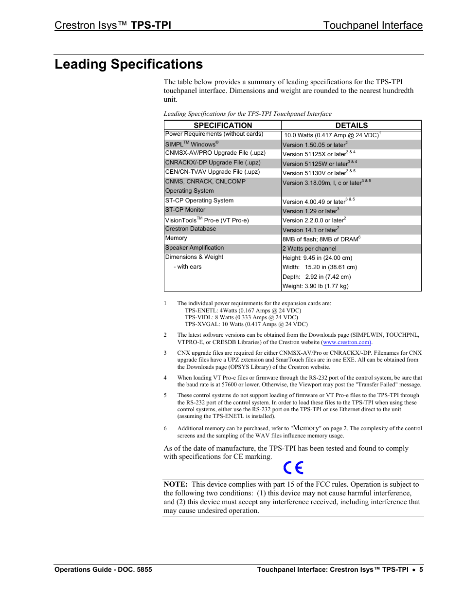 Leading specifications, Crestron isys™ tps-tpi touchpanel interface | Crestron electronic TPS-TPI User Manual | Page 9 / 48