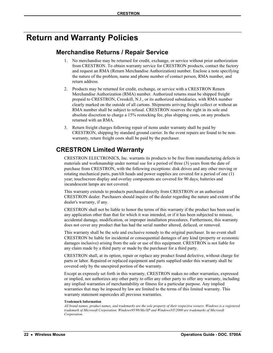 Return and warranty policies, Merchandise returns / repair service, Crestron limited warranty | Crestron electronic CNWM User Manual | Page 26 / 32