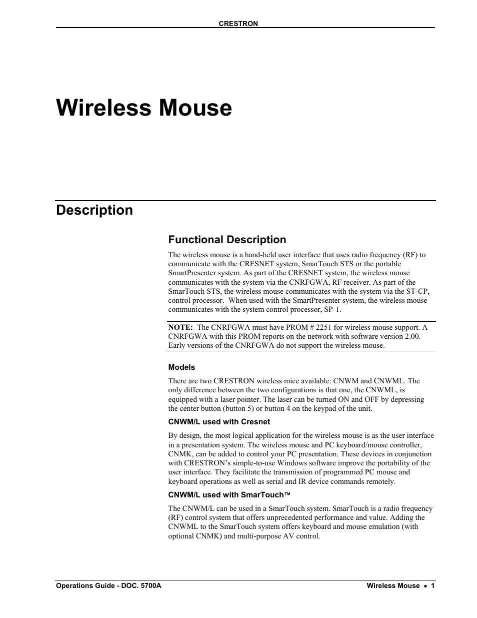 Wireless mouse, Description, Functional description | Crestron electronic CNWM User Manual | Page 5 / 32
