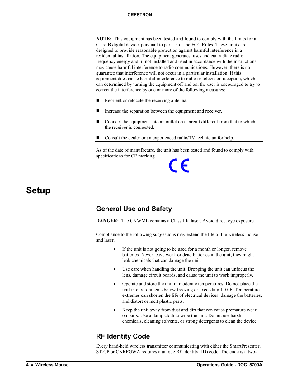Setup, General use and safety, Rf identity code | Crestron electronic CNWM User Manual | Page 8 / 32