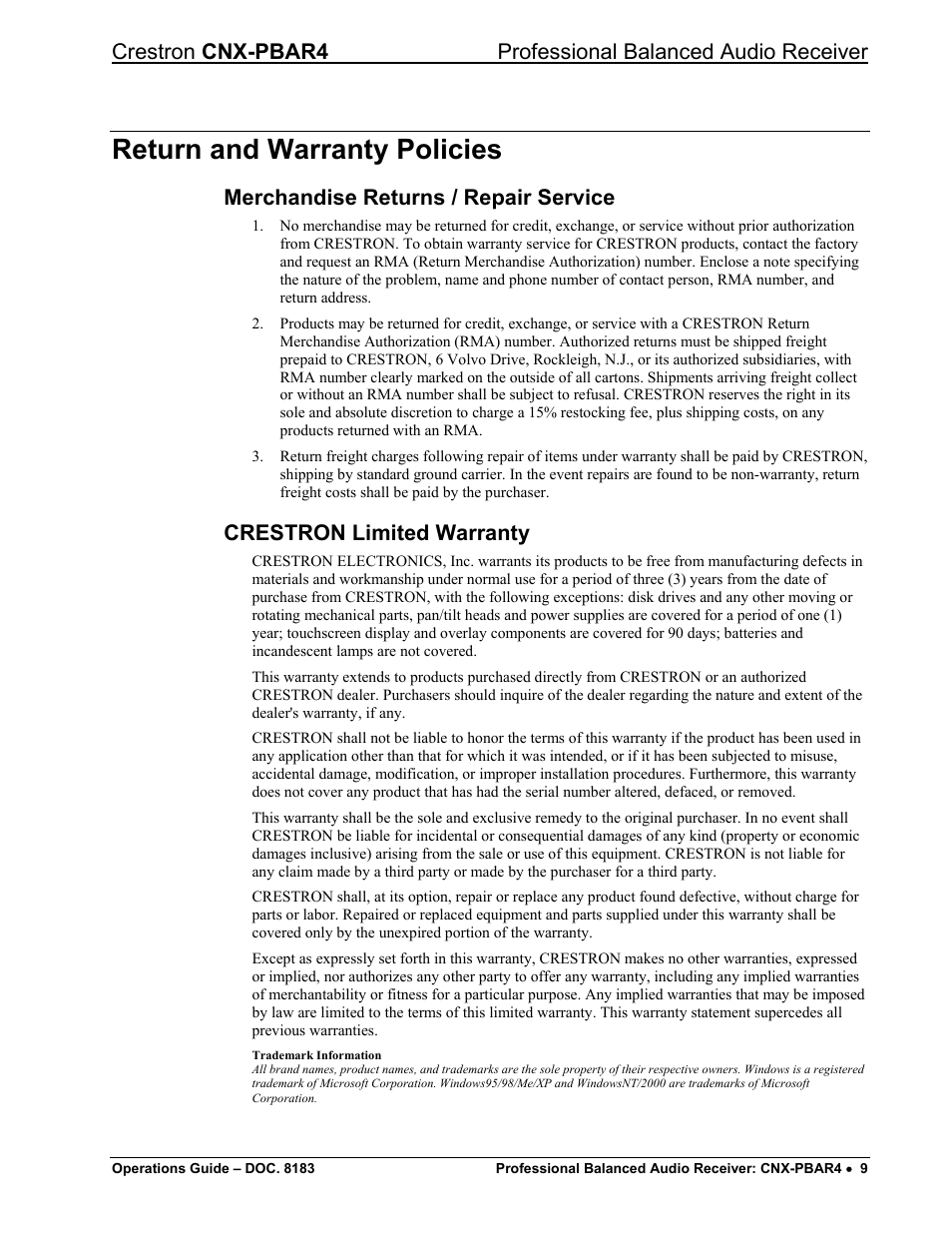 Return and warranty policies, Merchandise returns / repair service, Crestron limited warranty | Crestron electronic CNX-PBAR4 User Manual | Page 13 / 16