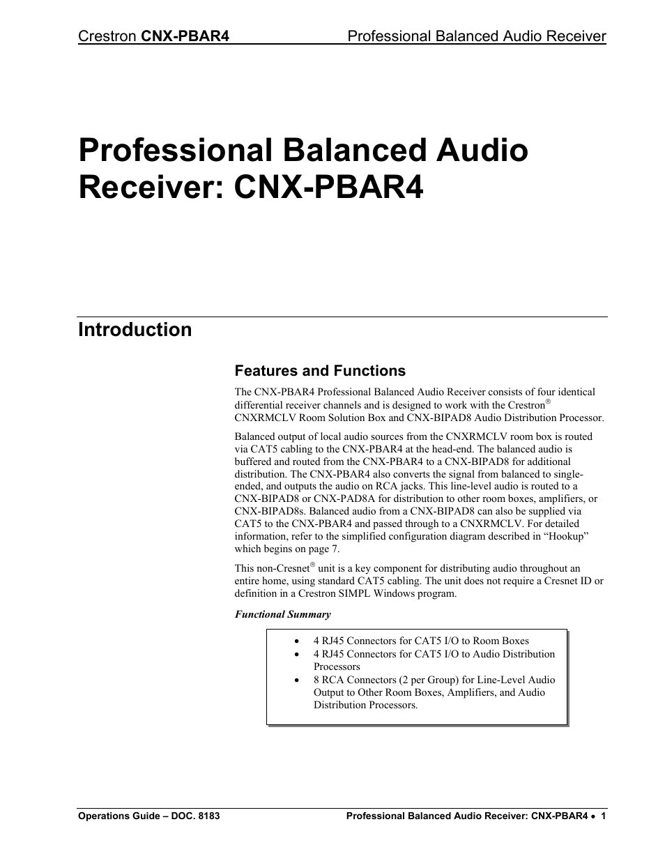 Professional balanced audio receiver: cnx-pbar4, Introduction, Features and functions | Crestron electronic CNX-PBAR4 User Manual | Page 5 / 16