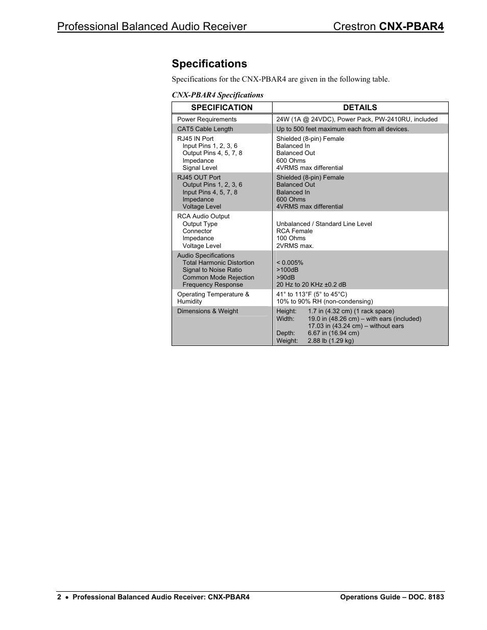 Specifications | Crestron electronic CNX-PBAR4 User Manual | Page 6 / 16