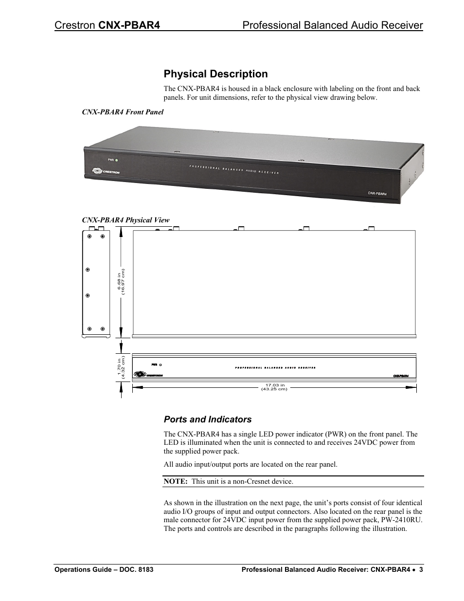 Physical description, Ports and indicators | Crestron electronic CNX-PBAR4 User Manual | Page 7 / 16