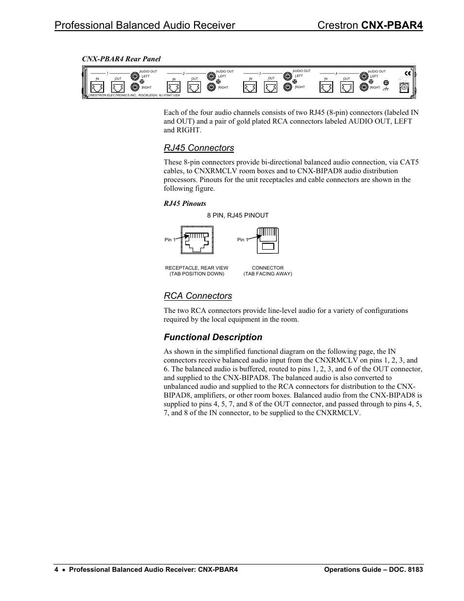 Rj45 connectors, Rca connectors, Functional description | Cnx-pbar4 rear panel | Crestron electronic CNX-PBAR4 User Manual | Page 8 / 16