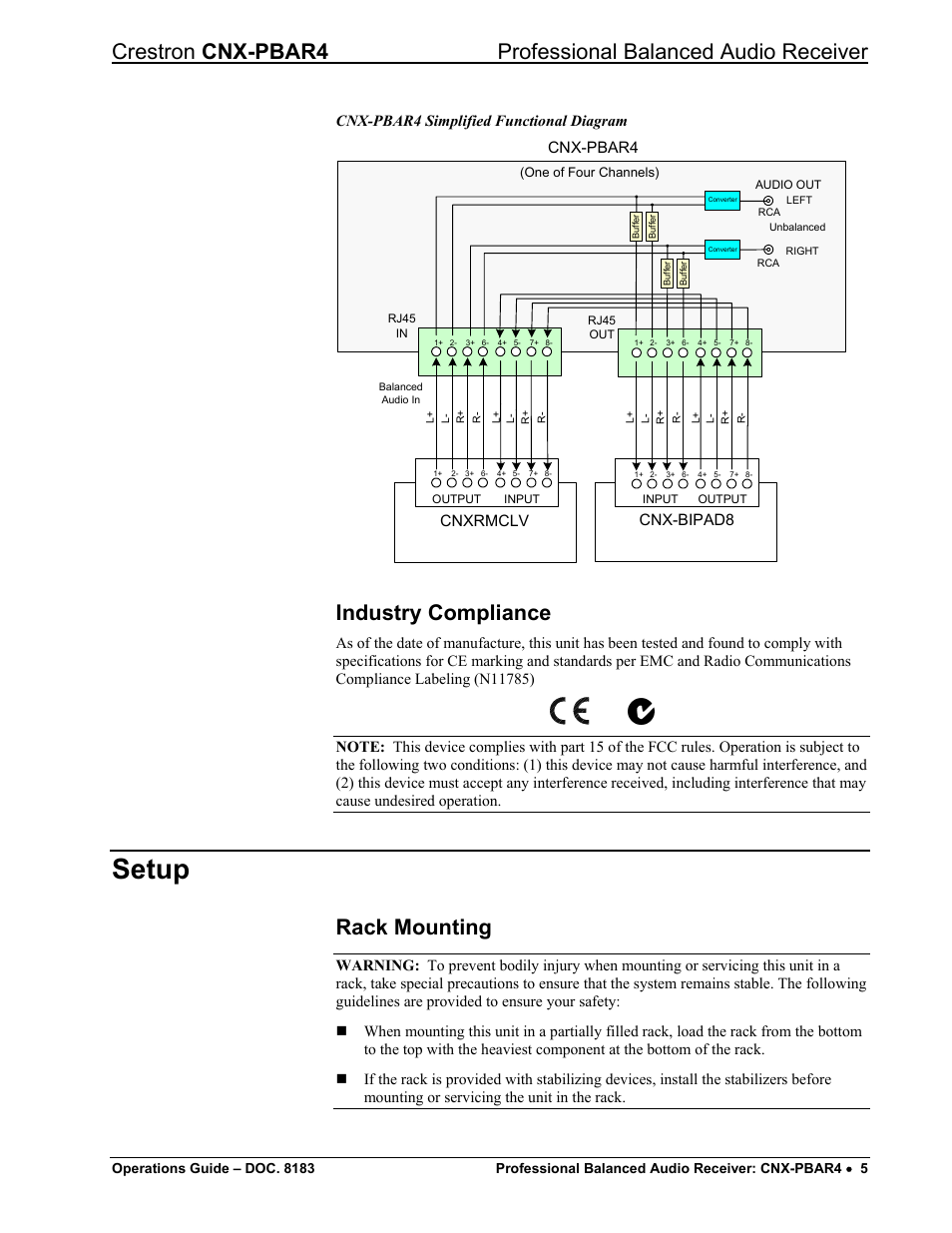 Industry compliance, Setup, Rack mounting | Crestron electronic CNX-PBAR4 User Manual | Page 9 / 16