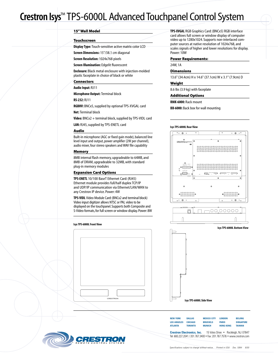 Crestron isys, Tps-6000l advanced touchpanel control system | Crestron electronic Crestron Isys TPS 6000L User Manual | Page 2 / 2