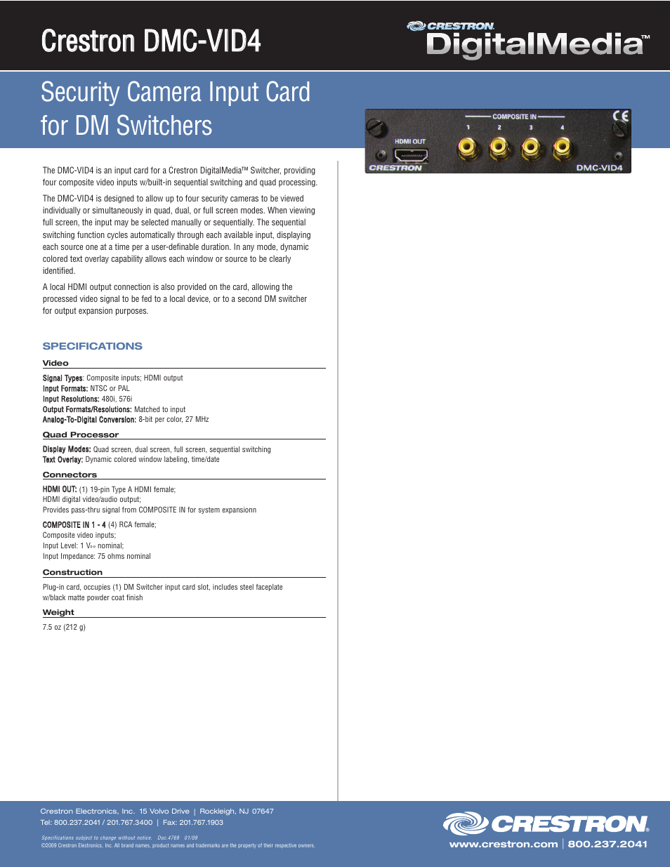 Crestron electronic DMC-VID4 User Manual | 1 page