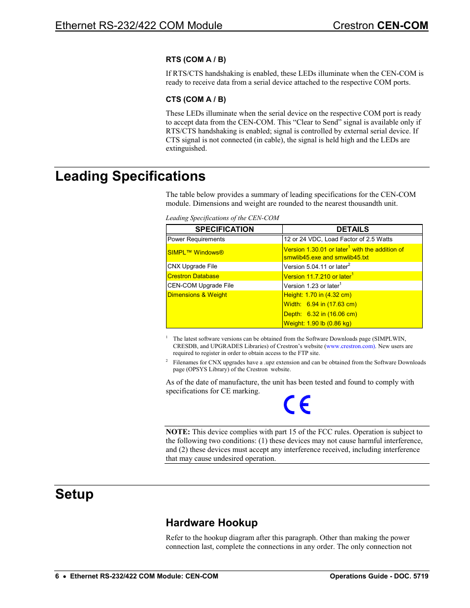 Leading specifications, Setup, Hardware hookup | Crestron electronic RS-232/42 User Manual | Page 10 / 28