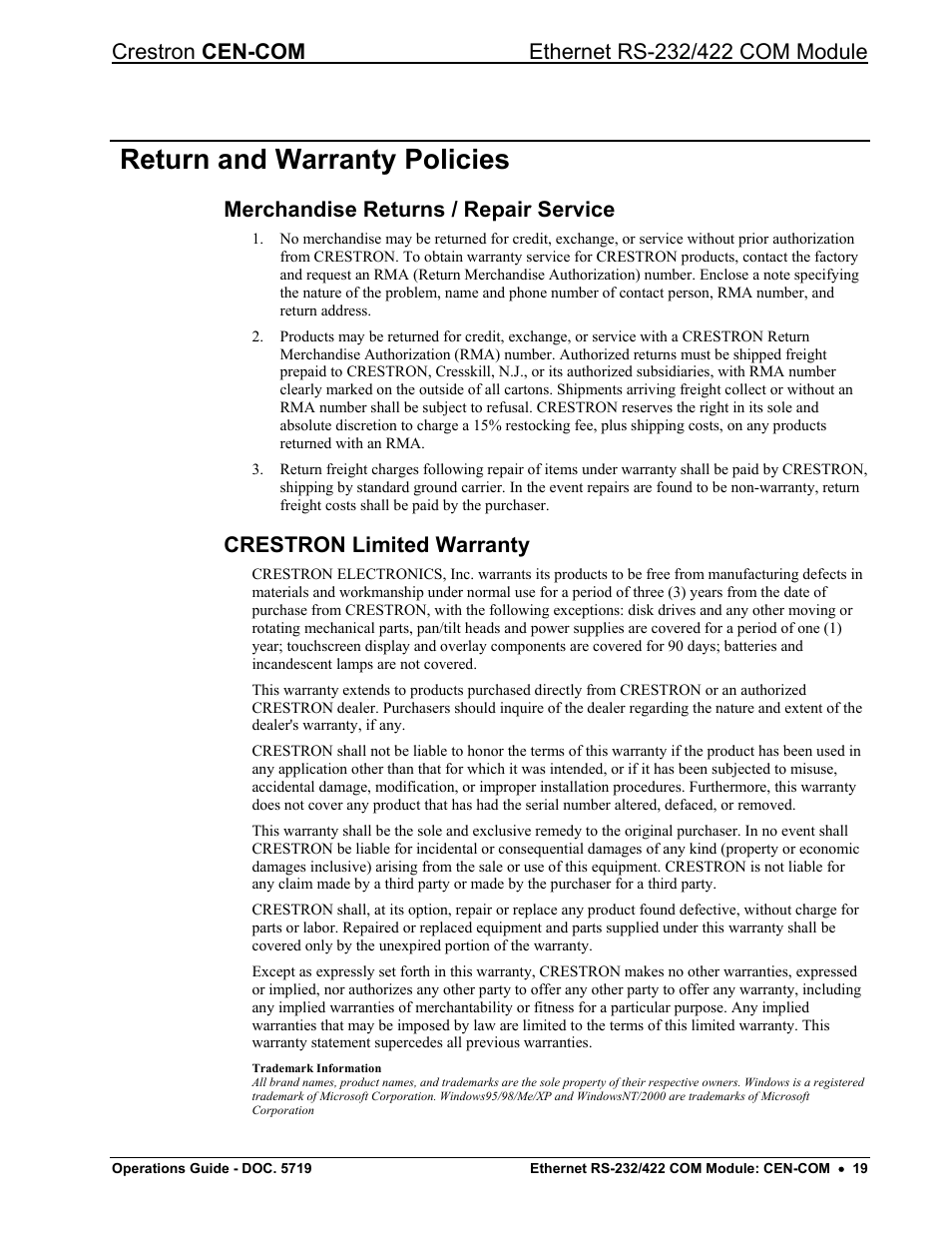 Return and warranty policies, Merchandise returns / repair service, Crestron limited warranty | Crestron electronic RS-232/42 User Manual | Page 23 / 28