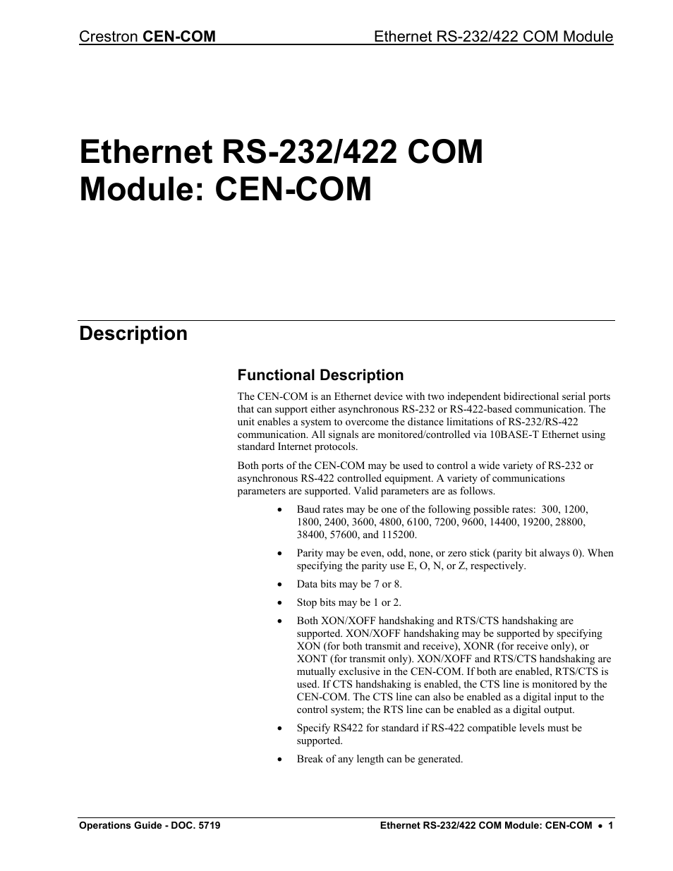 Ethernet rs-232/422 com module: cen-com, Description, Functional description | Crestron electronic RS-232/42 User Manual | Page 5 / 28