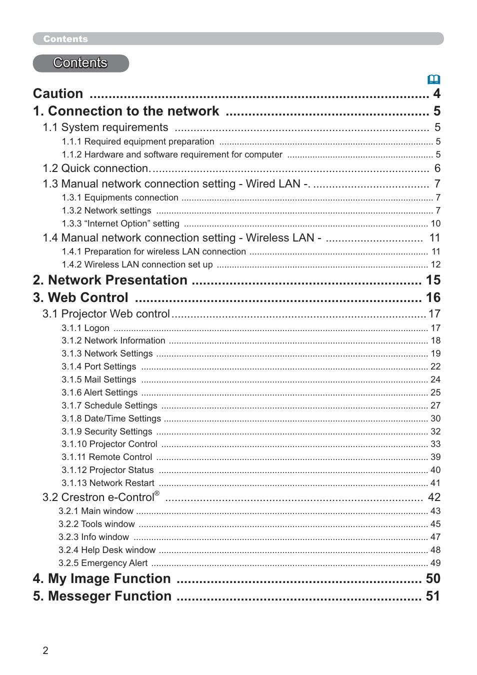 Contents caution 1. connection to the network, Network presentation 3. web control, My image function 5. messeger function | Crestron electronic ROOMVIEW CP-X4014WN User Manual | Page 2 / 70