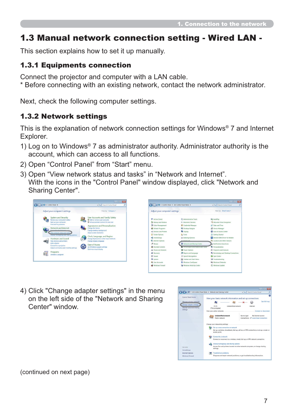 3 manual network connection setting - wired lan | Crestron electronic ROOMVIEW CP-X4014WN User Manual | Page 7 / 70