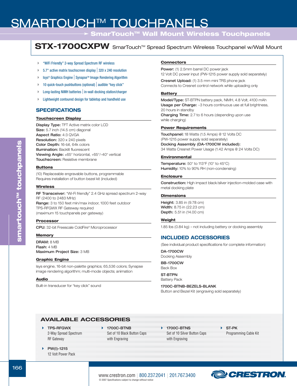 48399_166.pdf, Smartouch, Touchpanels | Stx-1700cxpw, Smar touch, Wall mount wireless touchpanels | Crestron electronic STX-1700CW User Manual | Page 14 / 36
