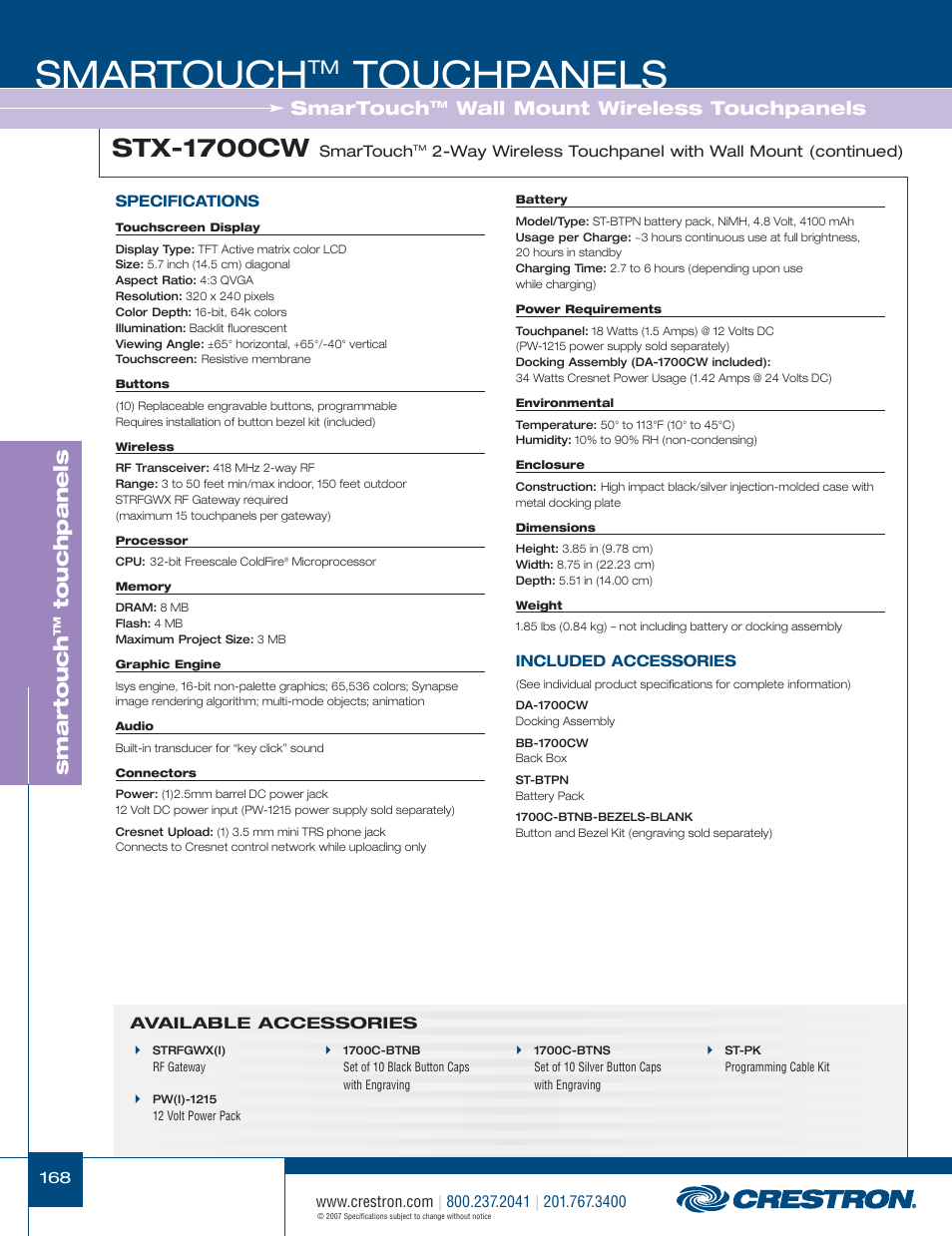 48399_168.pdf, Smartouch, Touchpanels | Stx-1700cw, Smar touch, Wall mount wireless touchpanels | Crestron electronic STX-1700CW User Manual | Page 16 / 36