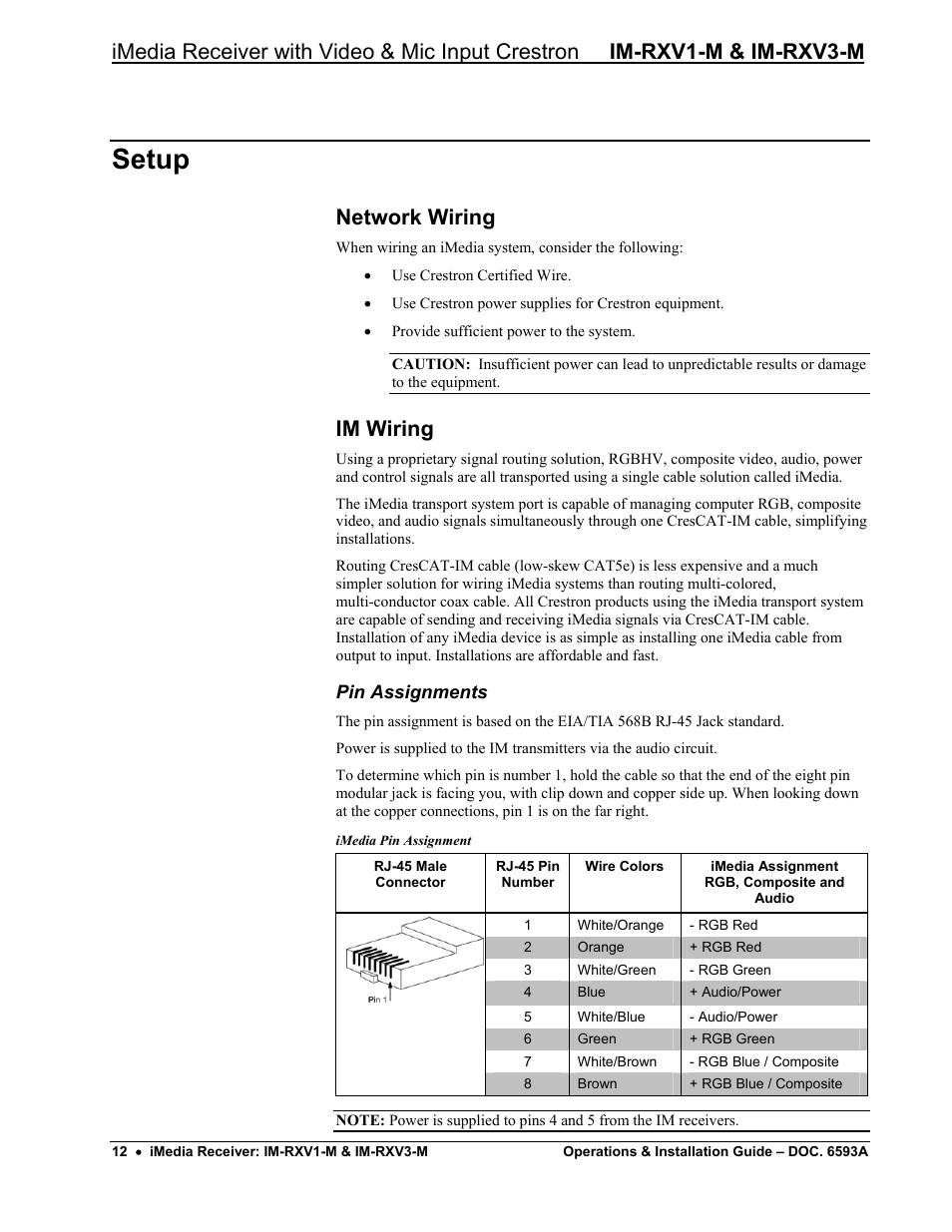 Setup, Network wiring, Im wiring | Pin assignments | Crestron electronic IM-RXV1-M User Manual | Page 16 / 28