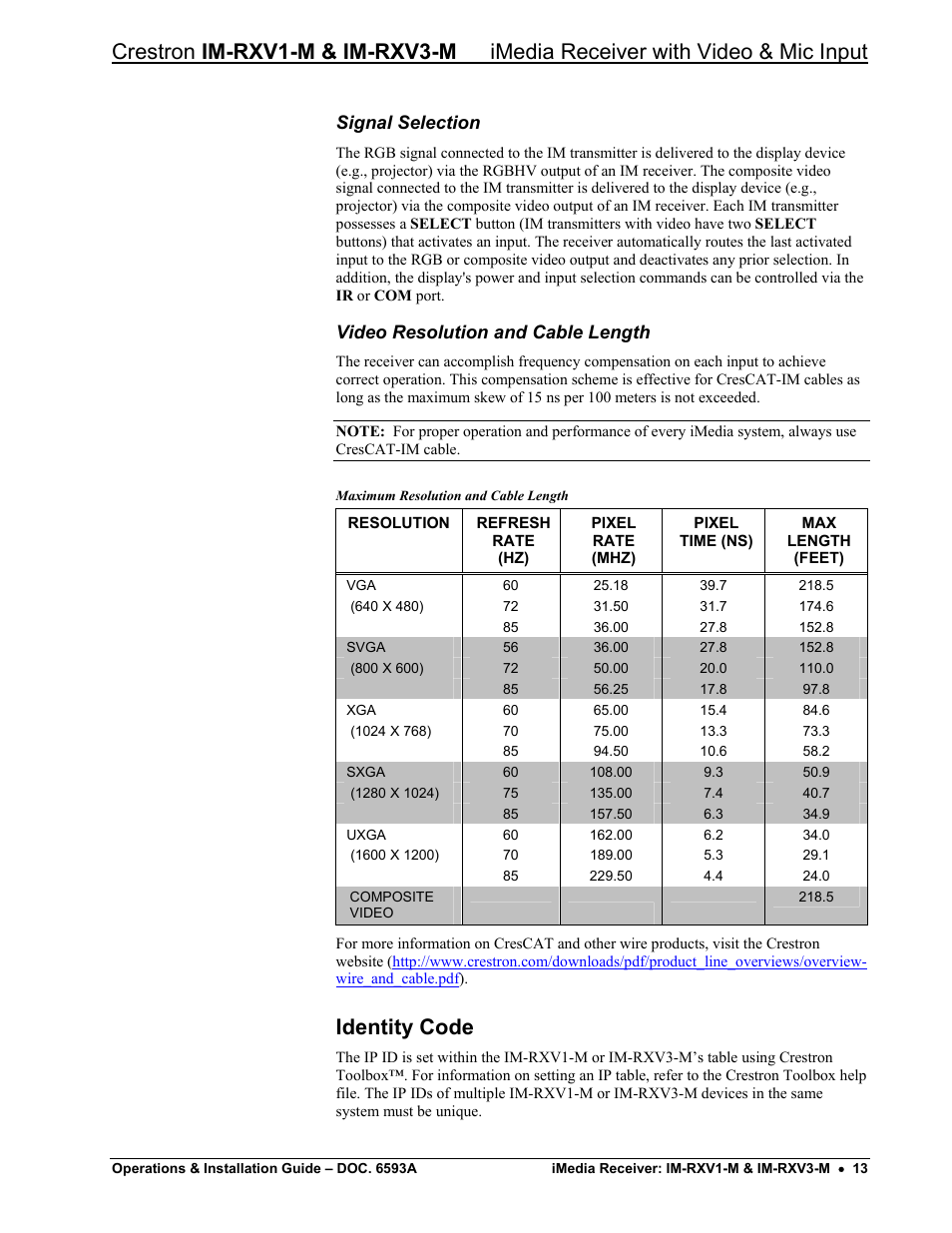 Signal selection, Video resolution and cable length, Identity code | Crestron electronic IM-RXV1-M User Manual | Page 17 / 28