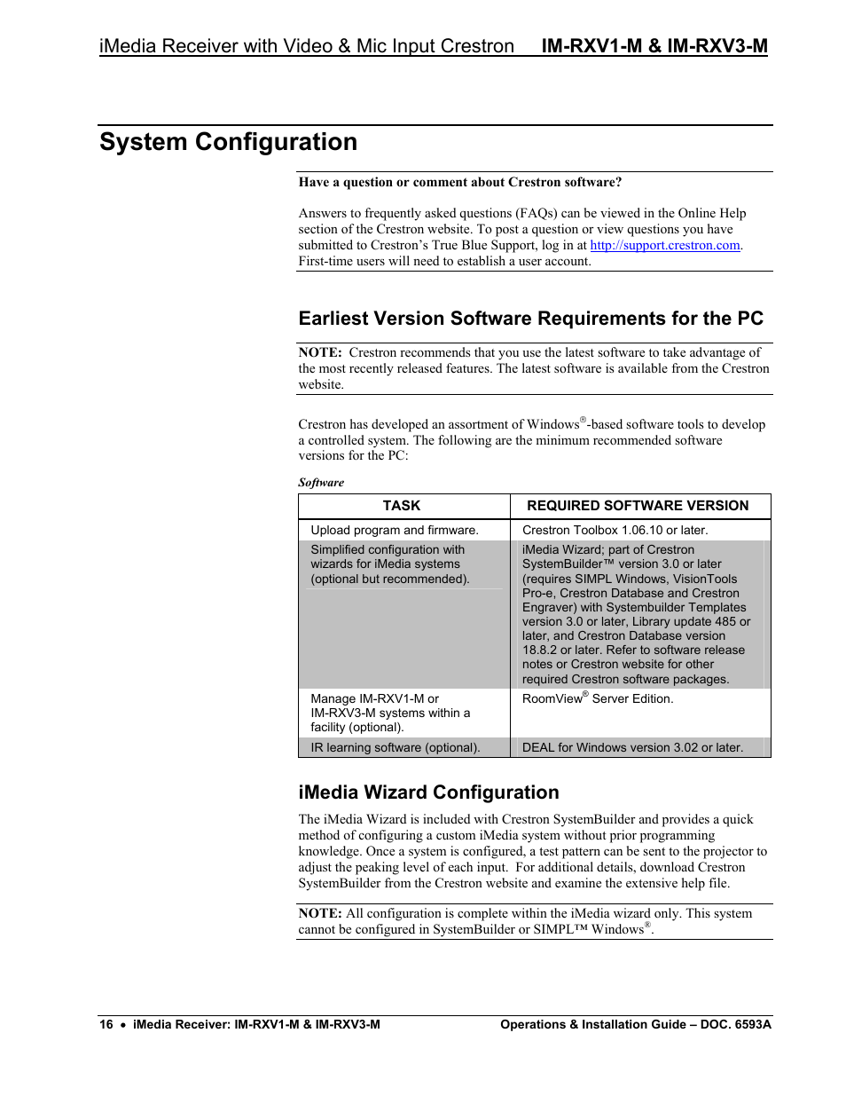 System configuration, Earliest version software requirements for the pc, Imedia wizard configuration | Crestron electronic IM-RXV1-M User Manual | Page 20 / 28