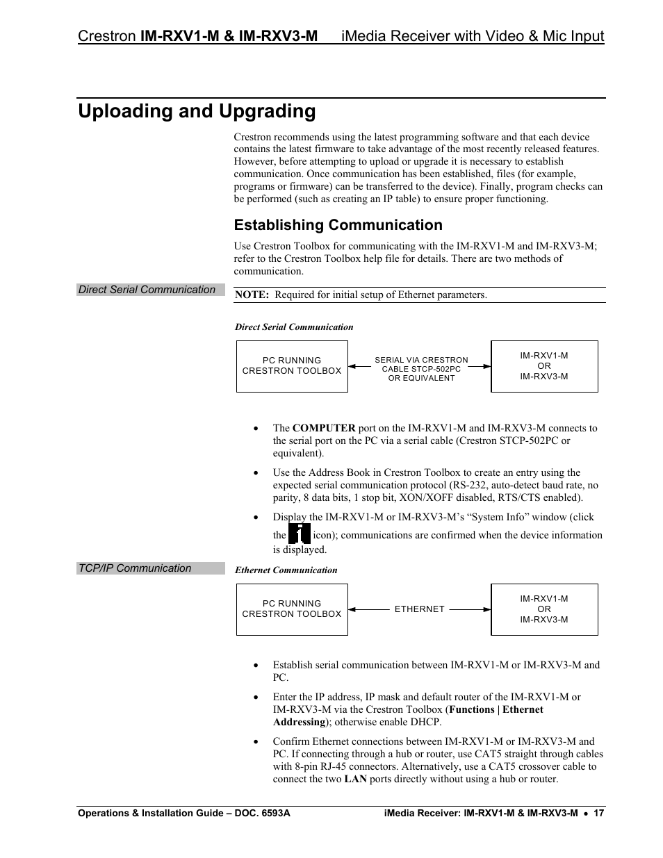 Uploading and upgrading, Establishing communication | Crestron electronic IM-RXV1-M User Manual | Page 21 / 28