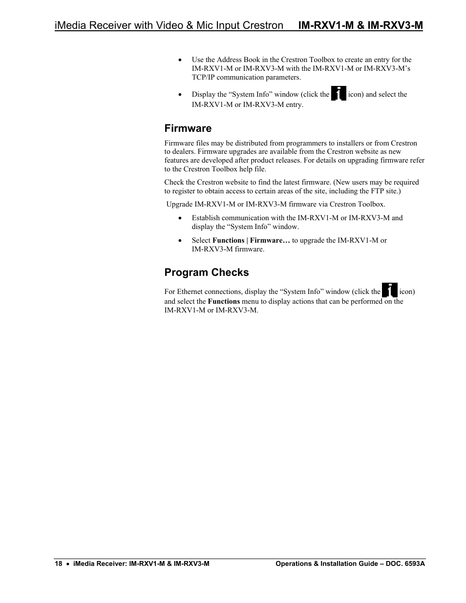 Firmware, Program checks | Crestron electronic IM-RXV1-M User Manual | Page 22 / 28