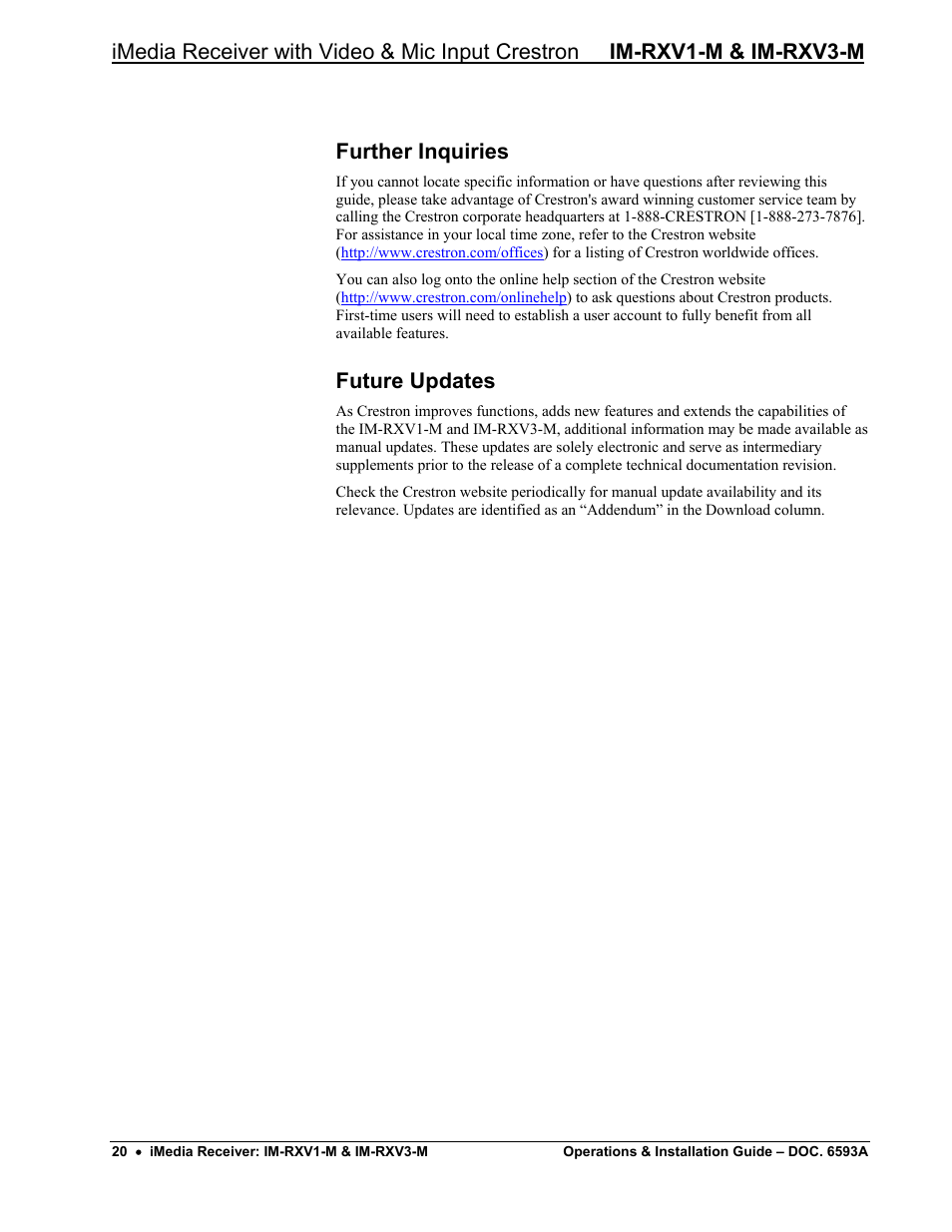 Further inquiries, Future updates | Crestron electronic IM-RXV1-M User Manual | Page 24 / 28