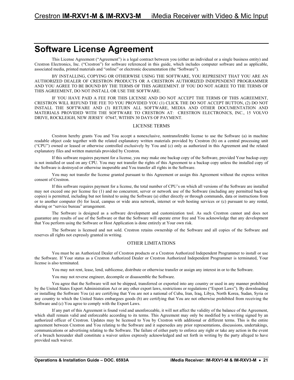 Software license agreement | Crestron electronic IM-RXV1-M User Manual | Page 25 / 28