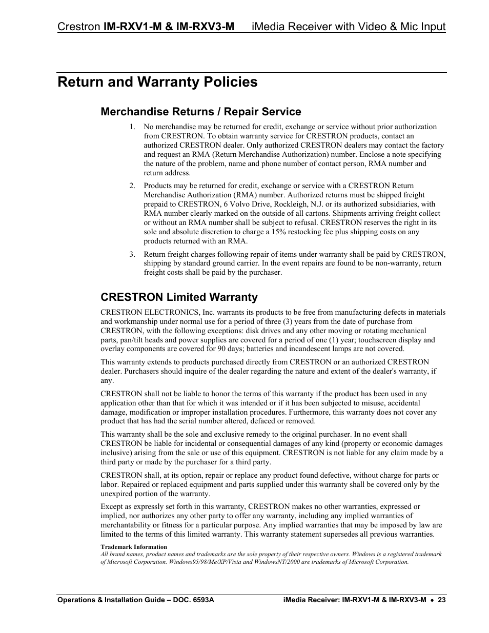 Return and warranty policies, Merchandise returns / repair service, Crestron limited warranty | Crestron electronic IM-RXV1-M User Manual | Page 27 / 28