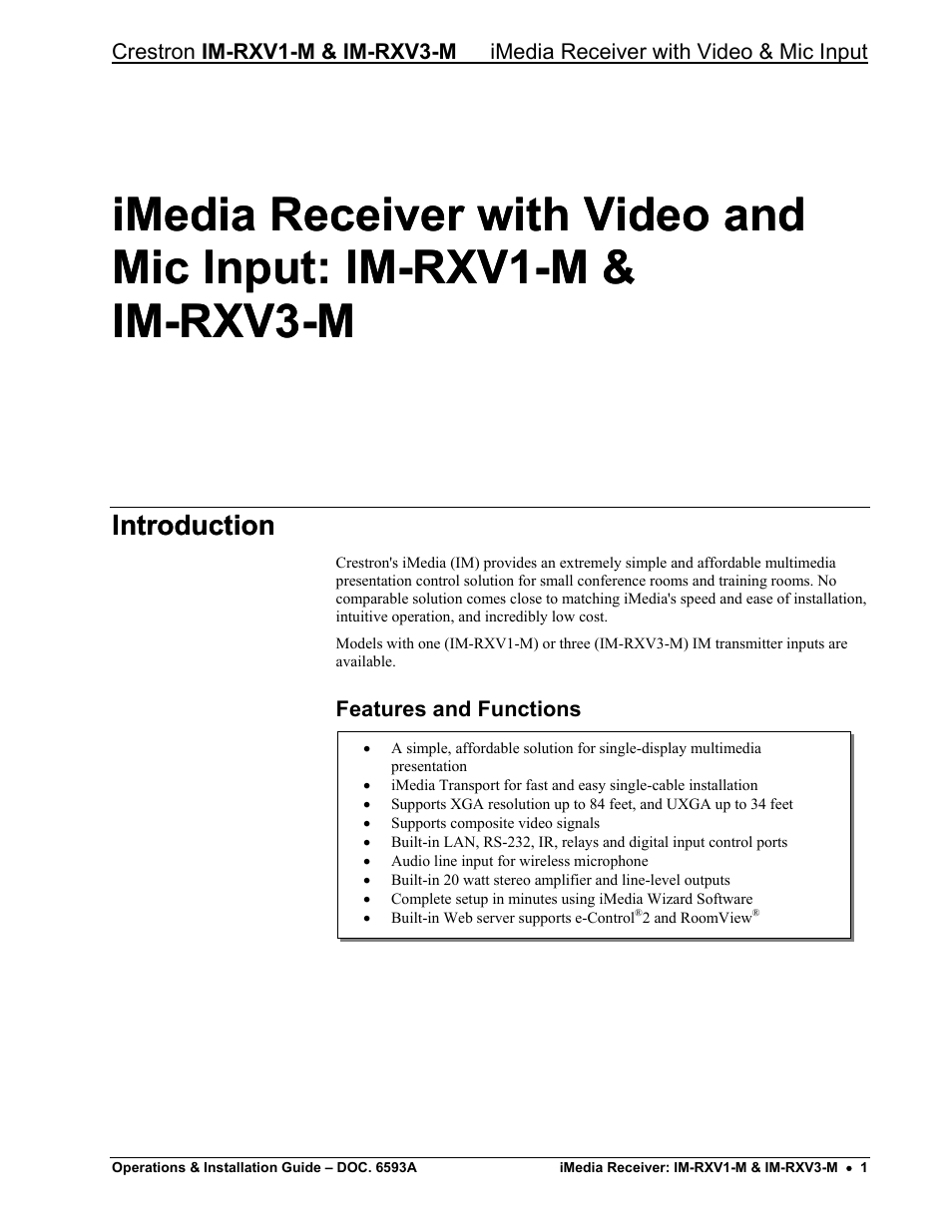 Introduction, Features and functions | Crestron electronic IM-RXV1-M User Manual | Page 5 / 28