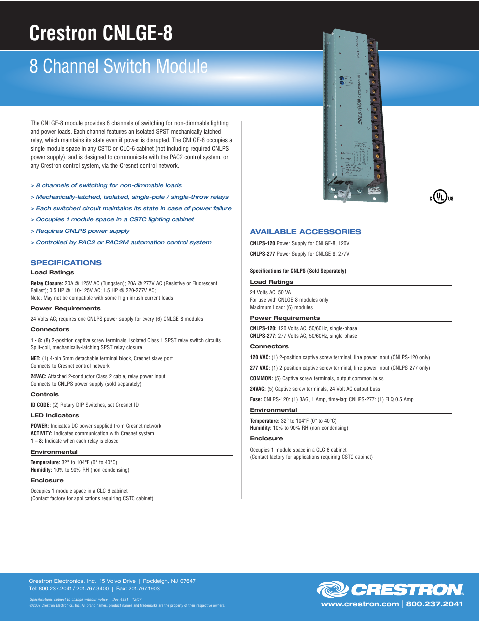 Crestron electronic CNLGE-8 User Manual | 1 page